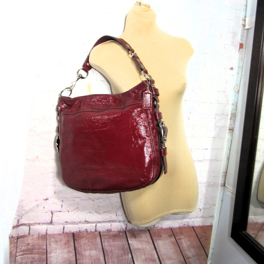 COACH ZOE EDITORIAL BAG XL  12 x 14 x 4 Burgundy Red Patent Leather Shoulder Bag - Picture 8 of 11